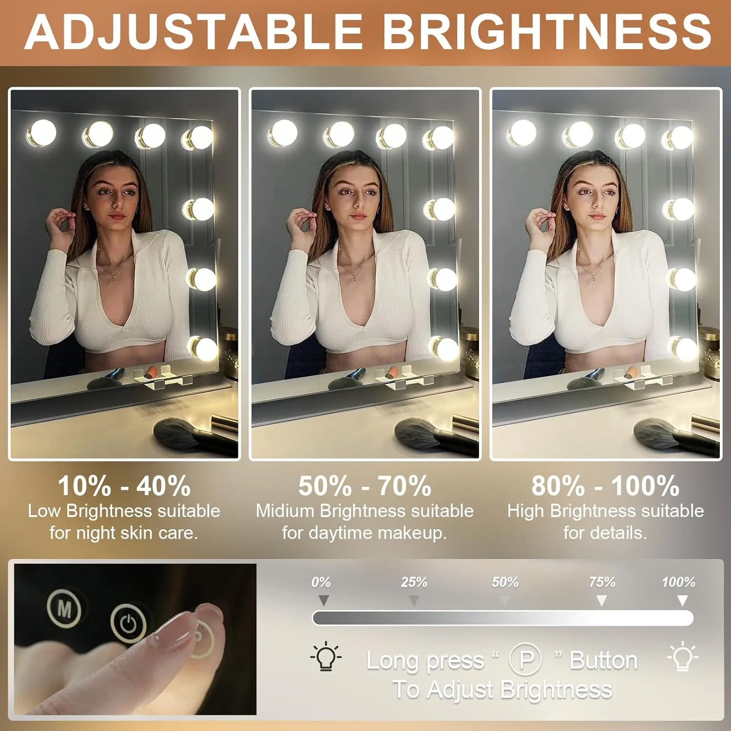 Hollywood Makeup Mirror with Lights,Lighted Vanity Mirror with 3 Light Modes, Detachable 10X Magnifying Mirror, 360° Rotatable, Metal Frame,Touch Control,USB Powered, Gifts, 22 x 16” - White