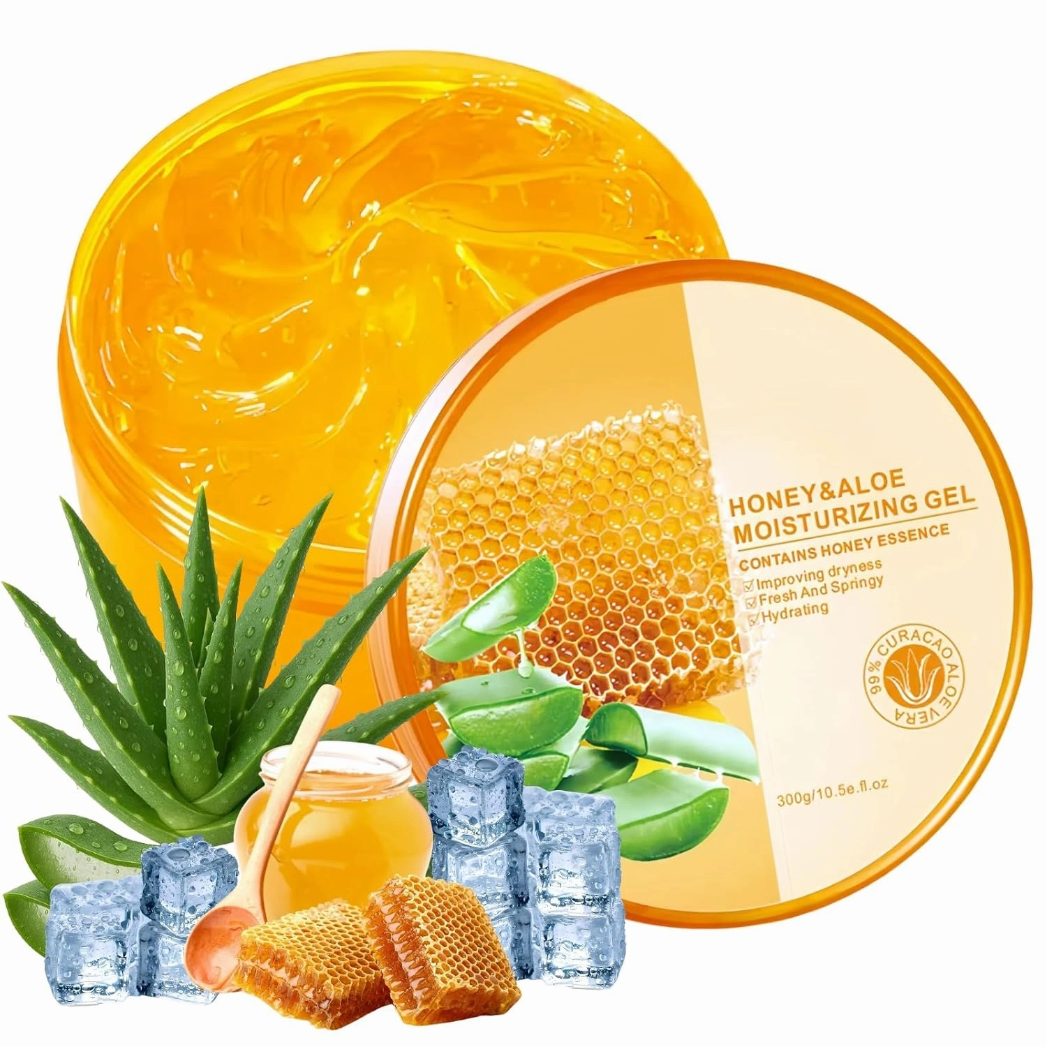 Honey Aloe Vera Gel for Sunburn Relief, 99% Organic Pure Aloe Soothing Cooling Gel for Face, Body, Skin Care, Hydrating&Moisturizing After the Sun, 10.5 oz(300g)