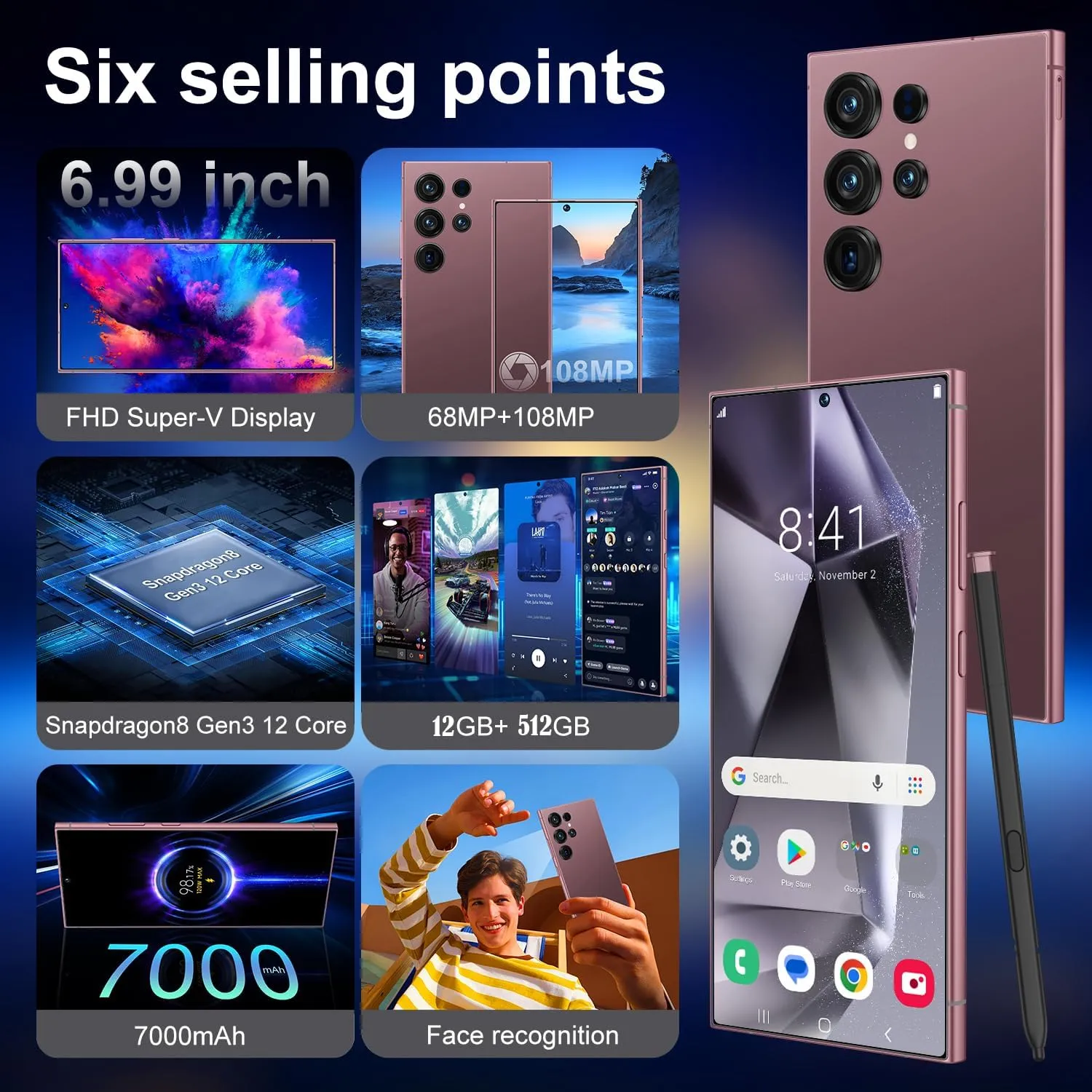 I25 Ultra Unlocked Phone,Android 14 12 512GB Smartphone,Built in Pen The Phone,Cell Phone Battery 7000mAh 6.99" HD Screen,Dual SIM/5G/Face ID/Fingerprint Lock/GPS (Rose Gold, 12 512)