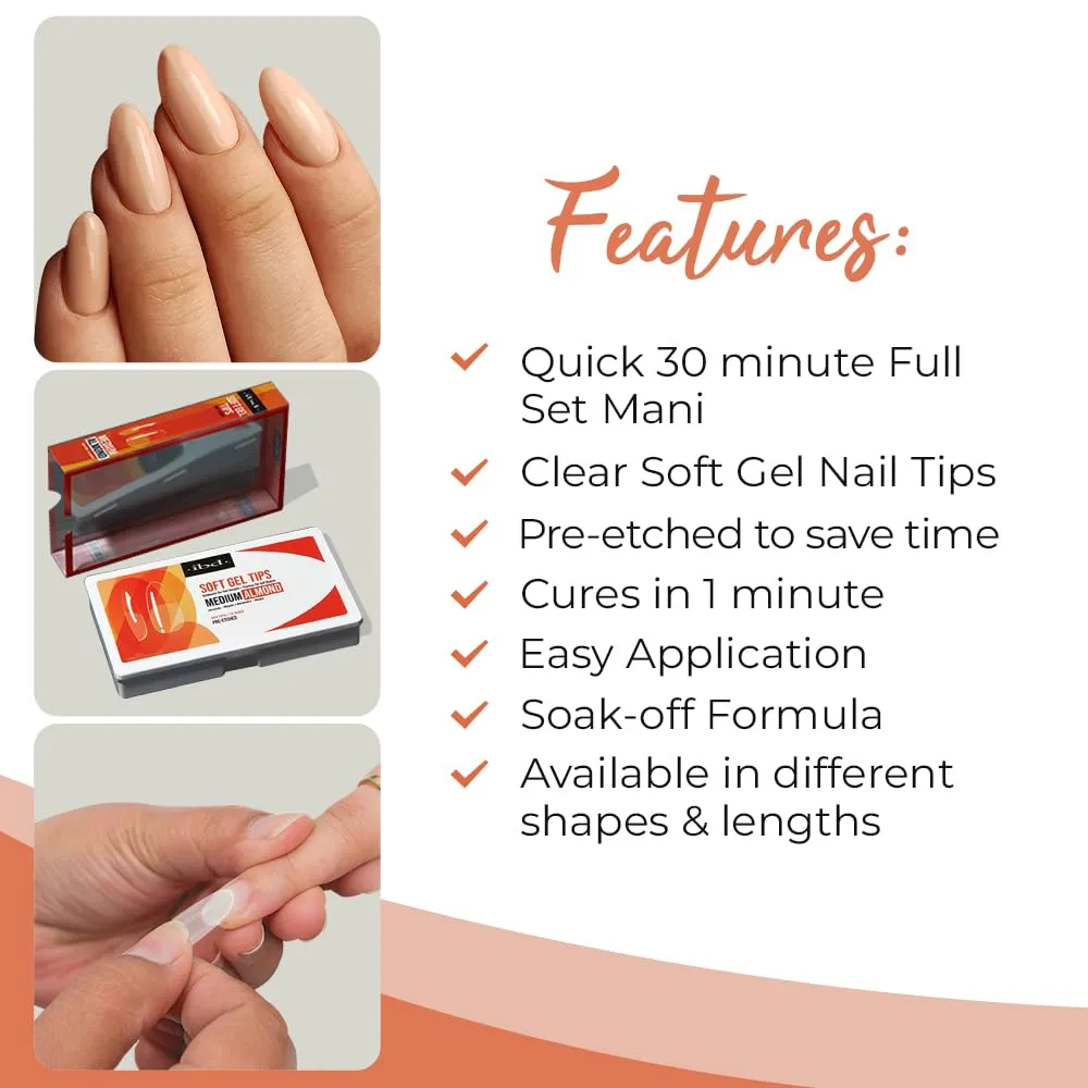 IBD Clear Soft Gel Nail Tips Medium Almond Shape - Pre-Etched, Nail Extensions for Strong Adhesion, Long-Lasting Acrylic Press On Nails, DIY Nail Art, 504 Tips, 1-Pack