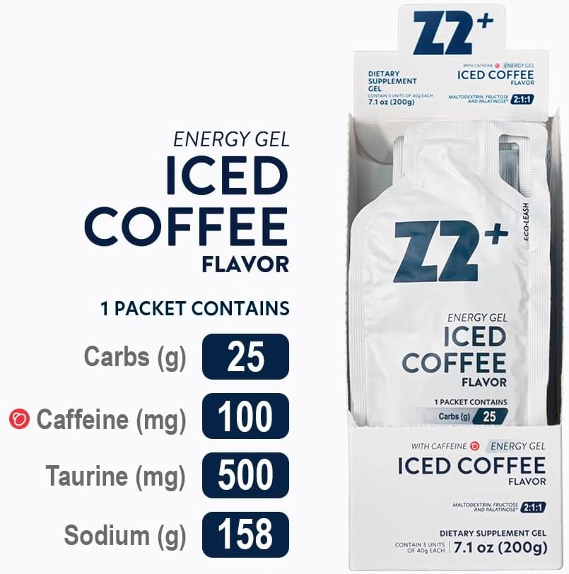 Iced Coffee Energy Gel Performance - 25g Carb, 158mg Sodium, 100mg Caffeine, 500mg Taurine, Electrolytes, Pre & During Workout, Boosts Endurance - 5-Count Pack