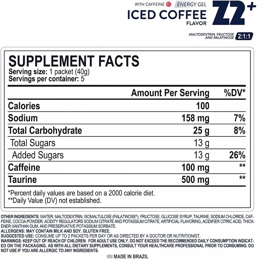 Iced Coffee Energy Gel Performance - 25g Carb, 158mg Sodium, 100mg Caffeine, 500mg Taurine, Electrolytes, Pre & During Workout, Boosts Endurance - 5-Count Pack