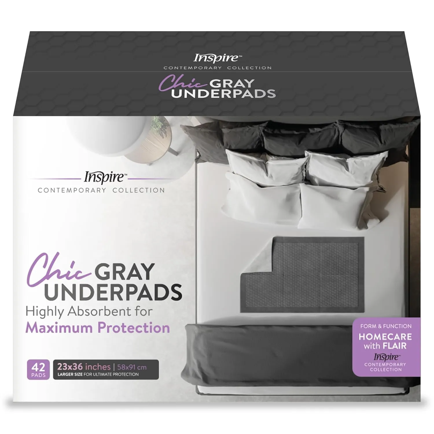 Inspire Ultra Underpads Incontinence Bed Pads | Chic Gray Modern Design | Hospital Bed Pads Disposable Adult Extra Large Chux | Medical Bed Linens | Chucks Pads Disposable Adult