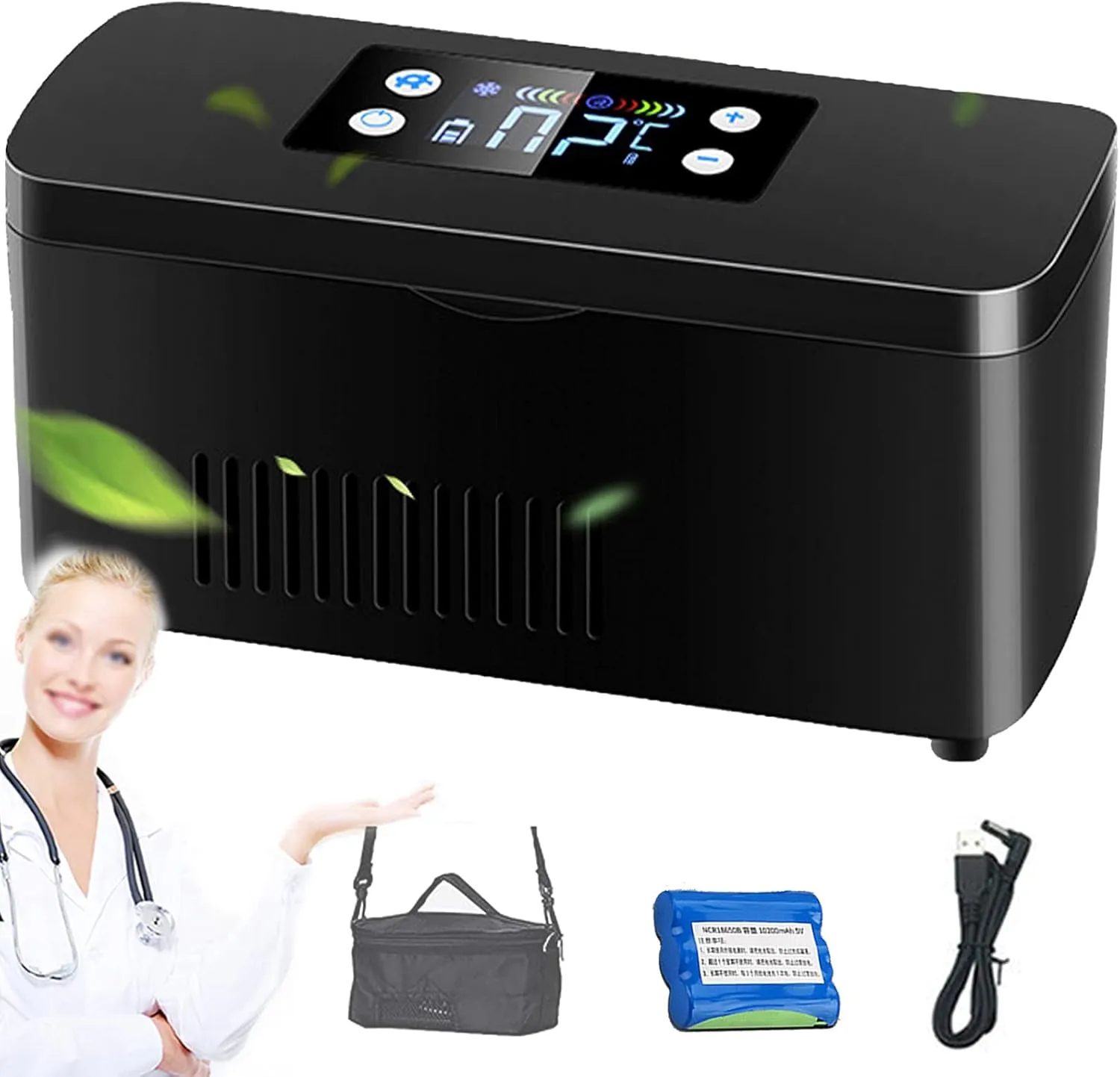 Insulin Refrigerated Box 2-8℃ Thermostat Drug Reefer Portable Car Refrigerators,10200mAH Battery Powered,Keeps Medication Cool and Thermostat,with Shoulder Bag,1Battery