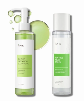 IUNIK Centella Asiatica Cleansing Oil Makeup Sunscreen Remover Mild Cleanser & Tea Tree Relief Facial Toner Vegan Breakout Blemish Acne Control Gentle Soothing Moisturizing Calming Korean Skincare