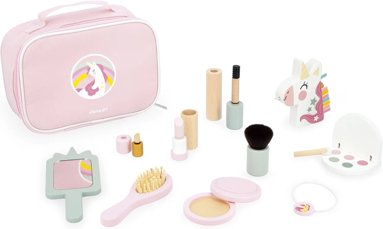 Janod - J06465 - Beauty Case - Unicorn Theme - 10 Accessories Included - Wooden Makeup Toys - Cosmetic Toy Kits - Ages 3  - J06465, Pink