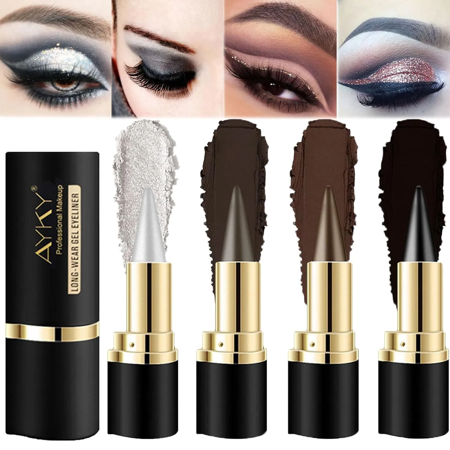 Kaylines Eyeliner, Ayky Long Wear Gel Eyeliner, Long Wear Natural Black Eyeliner Cream Waterproof Smudge Proof, 4 Color Gel Eyeliner Smokey Eyeshadow Palette Stick Makeup Gift Set for Women (4Pcs)