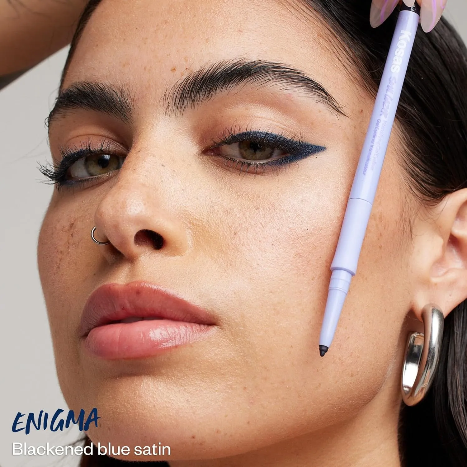 Kosas Soulgazer Gel Eyeliner (Enigma) - Waterproof, Smudge-Proof Pen with Hyaluronic Acid - Retractable Eyeliner Pencil with Sharpener & Smudger, Long-Lasting - Blackened Blue Satin