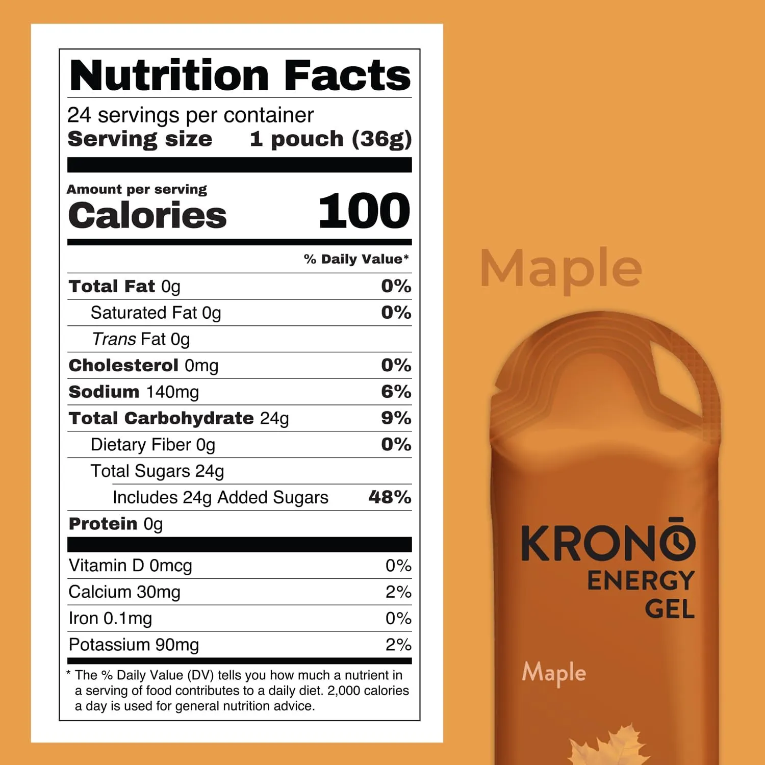 Krono Nutrition Energy Gel - Sports Nutrition - Made with Natural Ingredients - Vegan - Gluten Free - 24 Count (Maple)