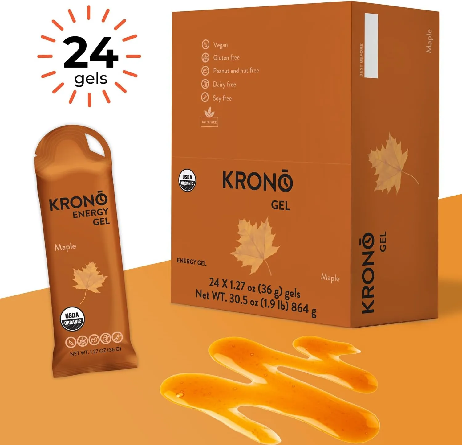 Krono Nutrition Energy Gel - Sports Nutrition - Made with Natural Ingredients - Vegan - Gluten Free - 24 Count (Maple)
