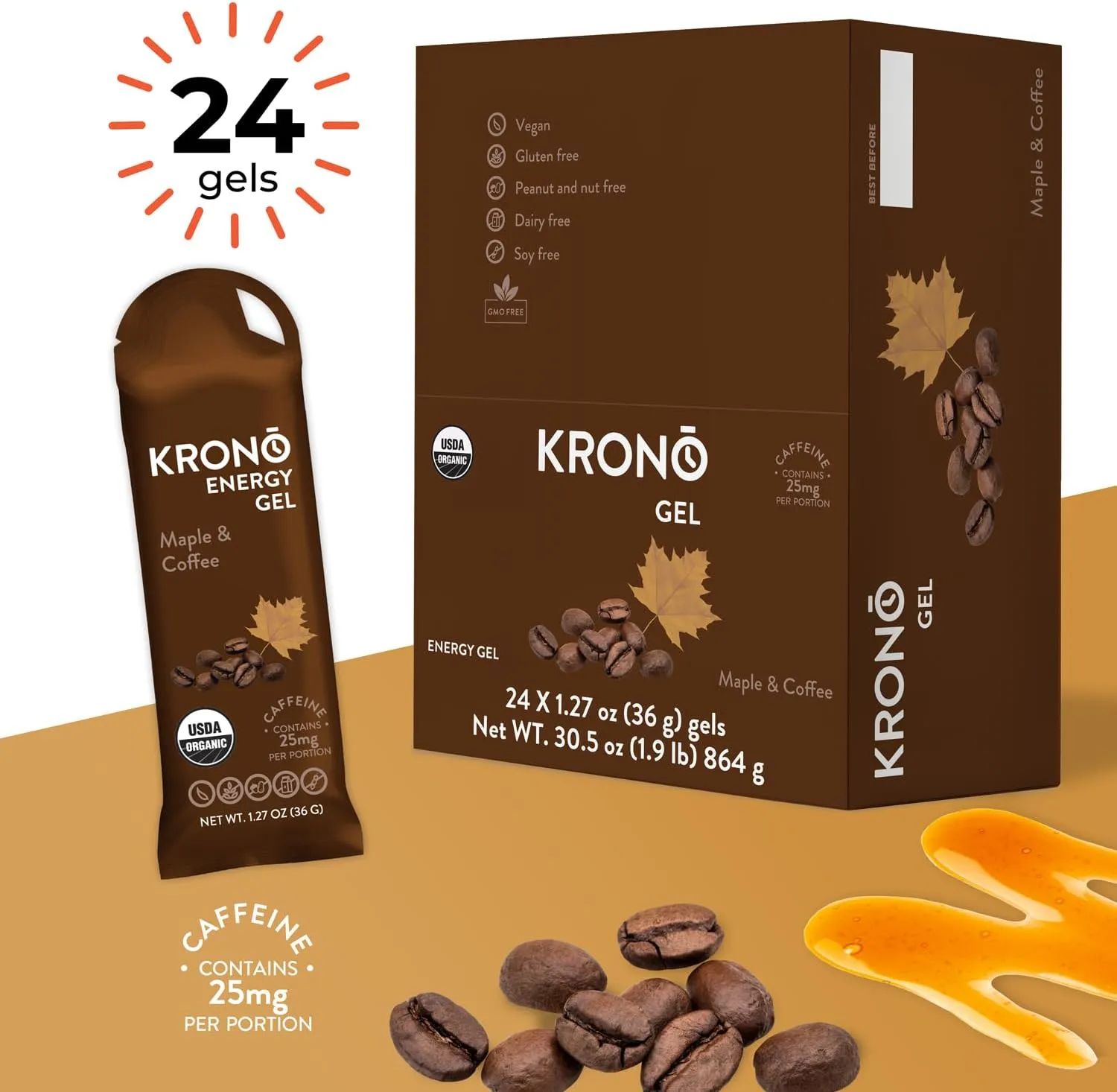 Krono Nutrition Energy Gel - Sports Nutrition - Made with Natural Ingredients - Vegan - Gluten Free - 25mg Caffeine - 24 Count (Maple & Coffee)