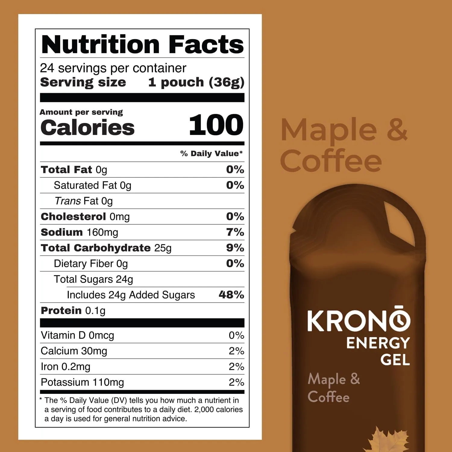 Krono Nutrition Energy Gel - Sports Nutrition - Made with Natural Ingredients - Vegan - Gluten Free - 25mg Caffeine - 24 Count (Maple & Coffee)