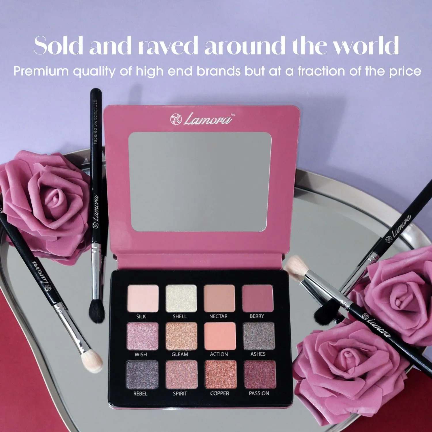 Lamora Nude Pink Eyeshadow Palette - 12 Rose Highly Pigmented Shimmer & Matte Shades - Travel Size Makeup Palette with Mirror