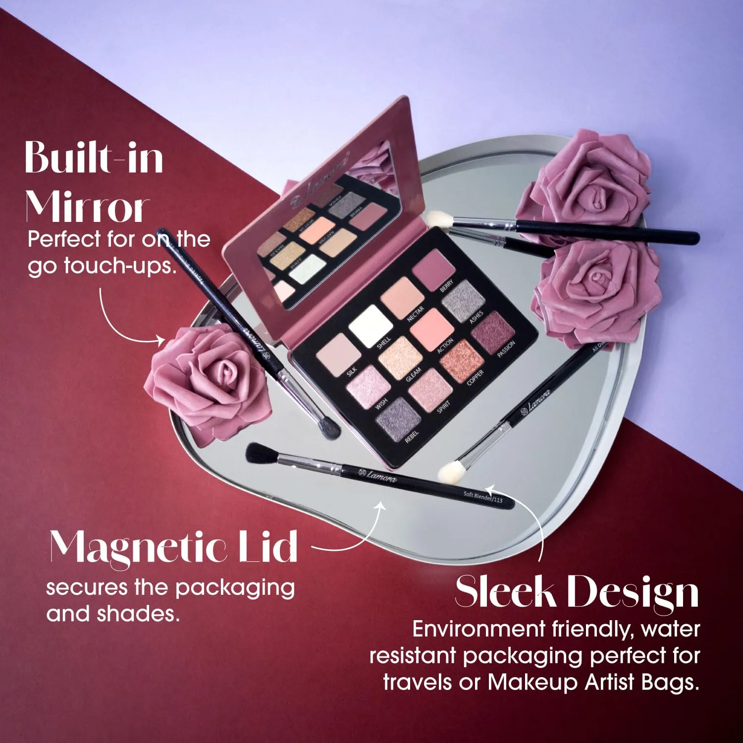 Lamora Nude Pink Eyeshadow Palette - 12 Rose Highly Pigmented Shimmer & Matte Shades - Travel Size Makeup Palette with Mirror