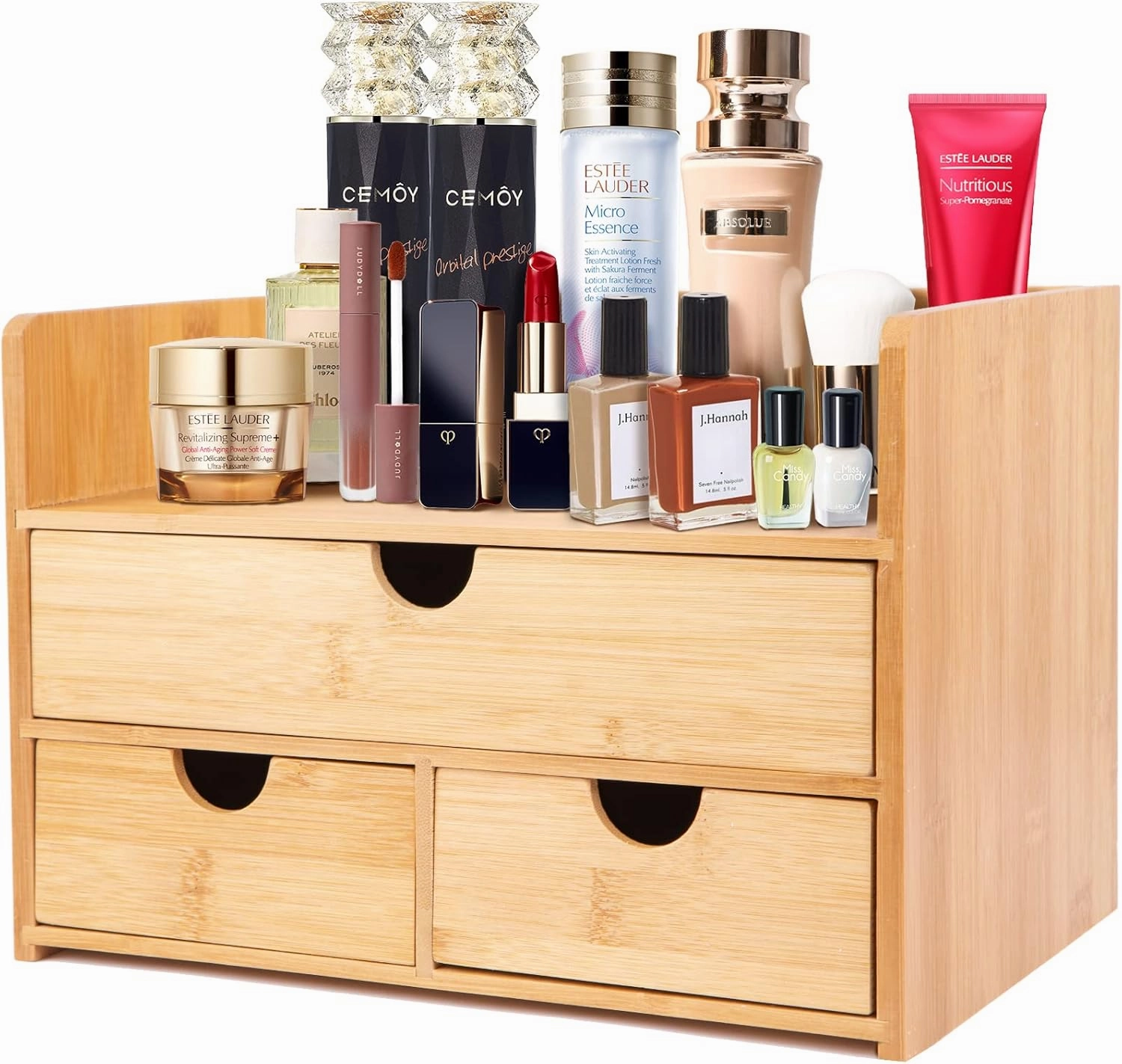 Large Bamboo Makeup Organizer with 1 Drawer and 2 Smaller Drawers, 100 1 Uses, Durable and Smooth