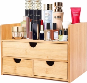 Large Bamboo Makeup Organizer with 1 Drawer and 2 Smaller Drawers, 100 1 Uses, Durable and Smooth