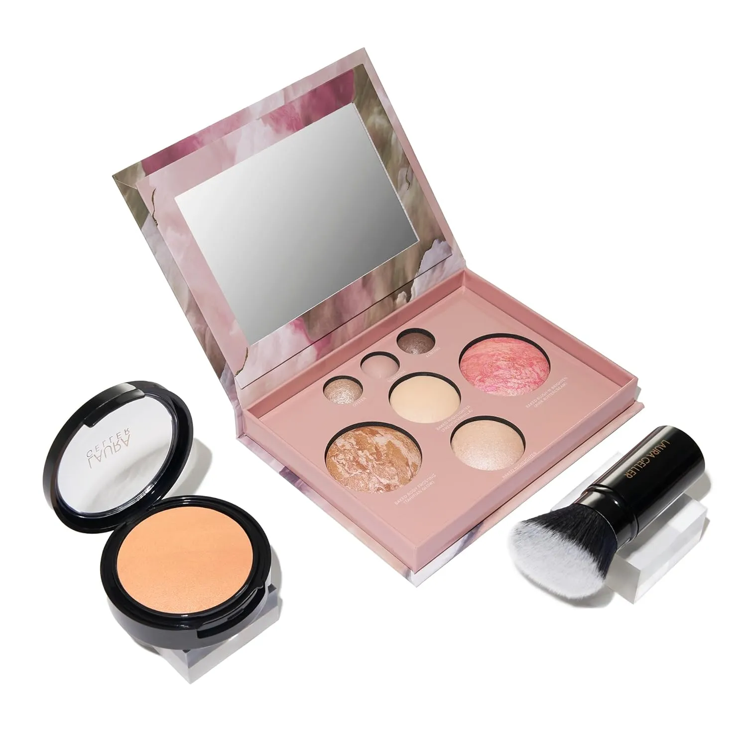LAURA GELLER NEW YORK Baked Starter Kit - Full Coverage: Double Take Powder Foundation, Medium and Best of the Best Face Palette and Retractable Angled Kabuki Brush