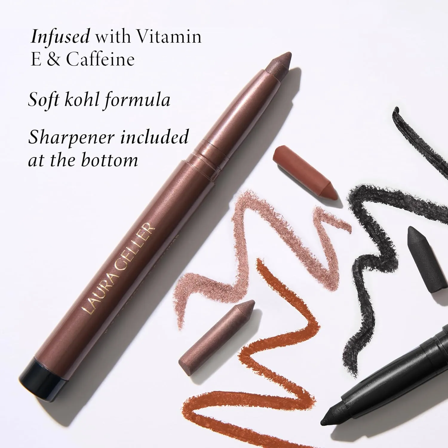 LAURA GELLER NEW YORK Kajal Longwear Kohl Eyeliner Pencil - Toasted Kohl - Caffeine and Vitamin E - Smooth & Blendable Liner - Built-In Sharpener