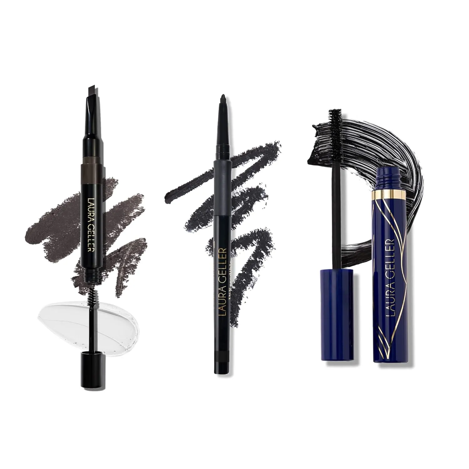 LAURA GELLER Waterproof Eye Trio: INKcredible Eyeliner, Blackbird   Always There Mascara   Sculpt-n-Stay Brow Pencil, Soft Black