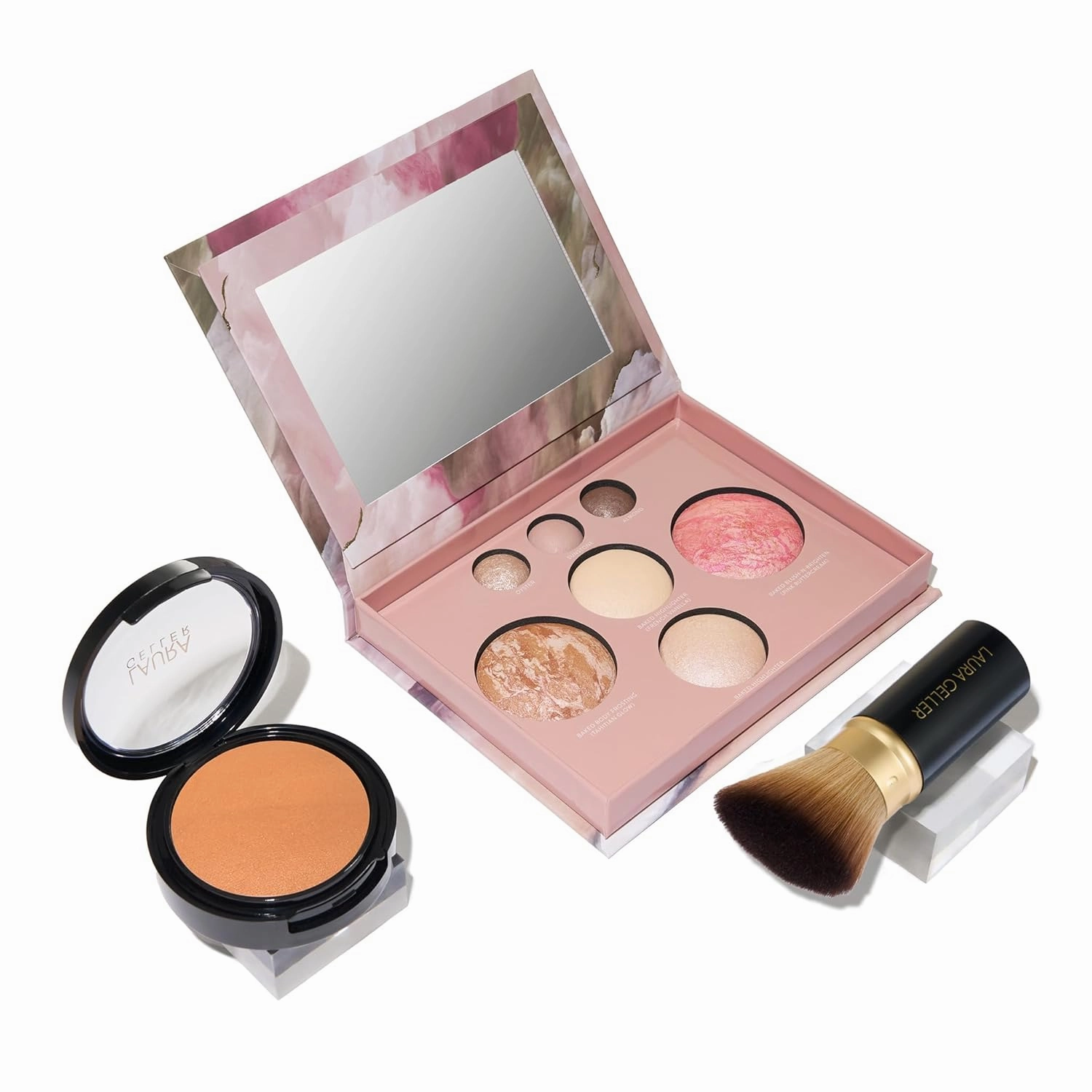 LAURA GELLER NEW YORK Baked Starter Kit - Full Coverage: Double Take Powder Foundation, Tan   Best of the Best Face Palette   Retractable Angled Kabuki Brush