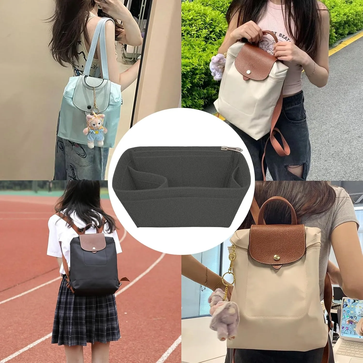 Lckaey Bag Organizer for Le Pliage Backpack - Felt Knapsack Purse Insert - Y083-Black/Grey