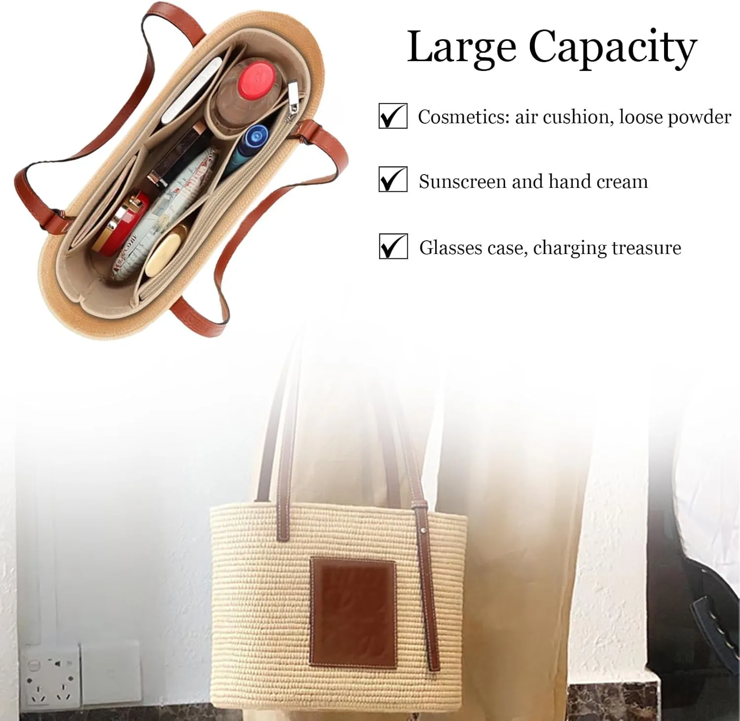 Lckaey Bag Organizer for loewe basket bag Purse Insert - Handbag Felt Insert Y097Khaki
