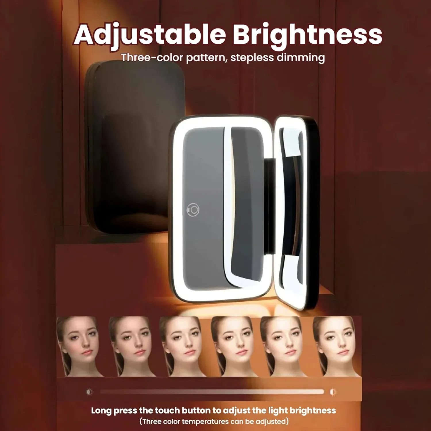 LED Travel Makeup Mirror - 5X Magnification, 3 Colors, Foldable Compact with Smart Touch, Adjustable, HD Mirror & USB for Handbag/Purse (Black/White/Pink/Green) (Black)