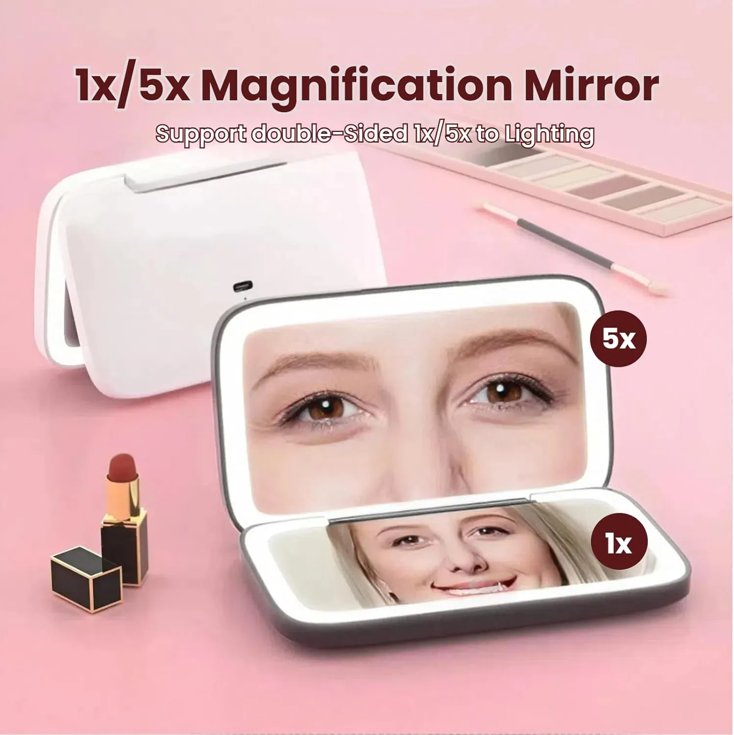 LED Travel Makeup Mirror - 5X Magnification, 3 Colors, Foldable Compact with Smart Touch, Adjustable, HD Mirror & USB for Handbag/Purse (Black/White/Pink/Green) (Black)