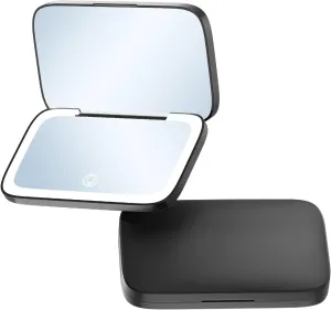 LED Travel Makeup Mirror - 5X Magnification, 3 Colors, Foldable Compact with Smart Touch, Adjustable, HD Mirror & USB for Handbag/Purse (Black/White/Pink/Green) (Black)