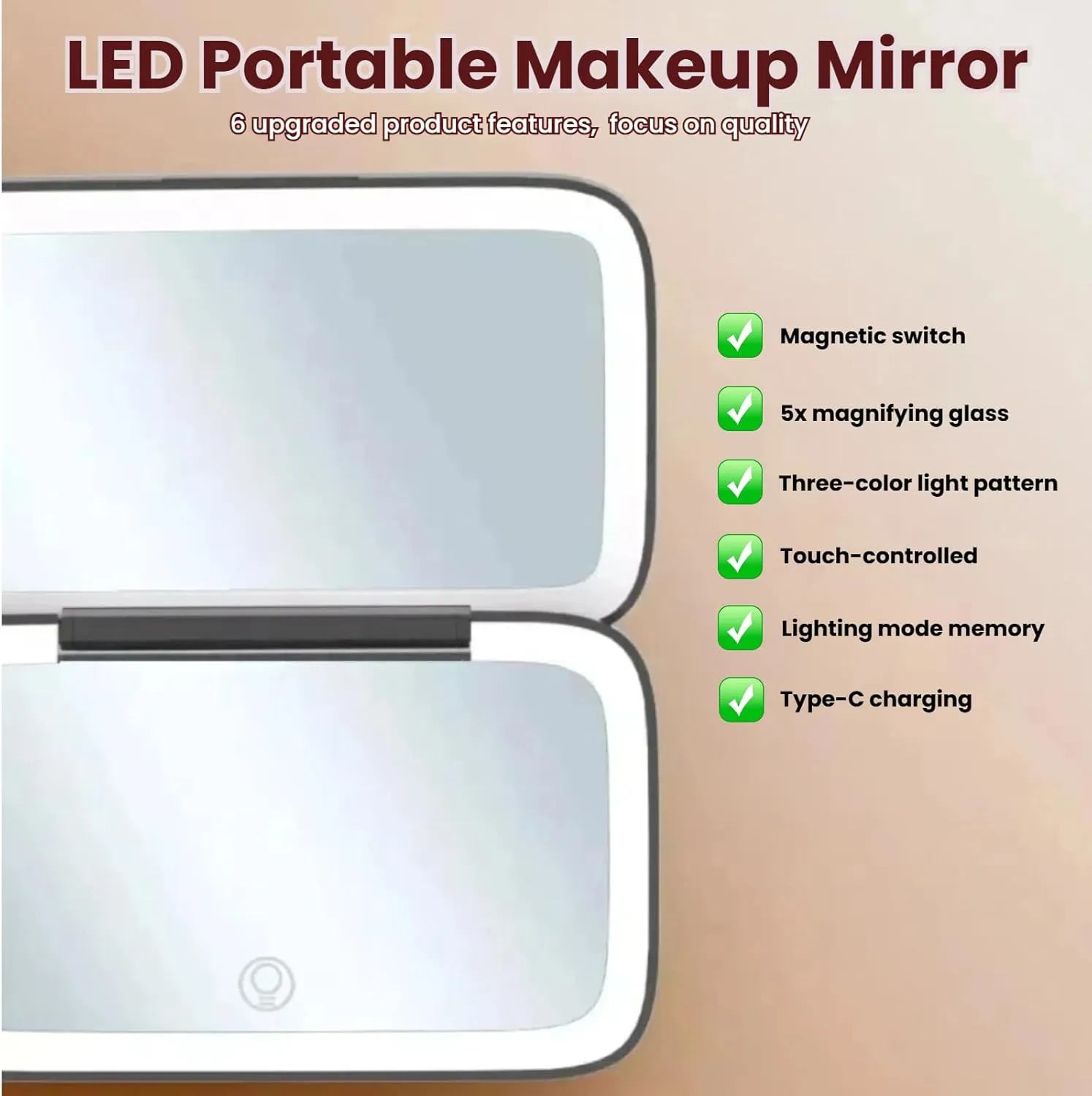 LED Travel Makeup Mirror - 5X Magnification, 3 Colors, Foldable Compact with Smart Touch, Adjustable, HD Mirror & USB for Handbag/Purse (Black/White/Pink/Green) (Black)