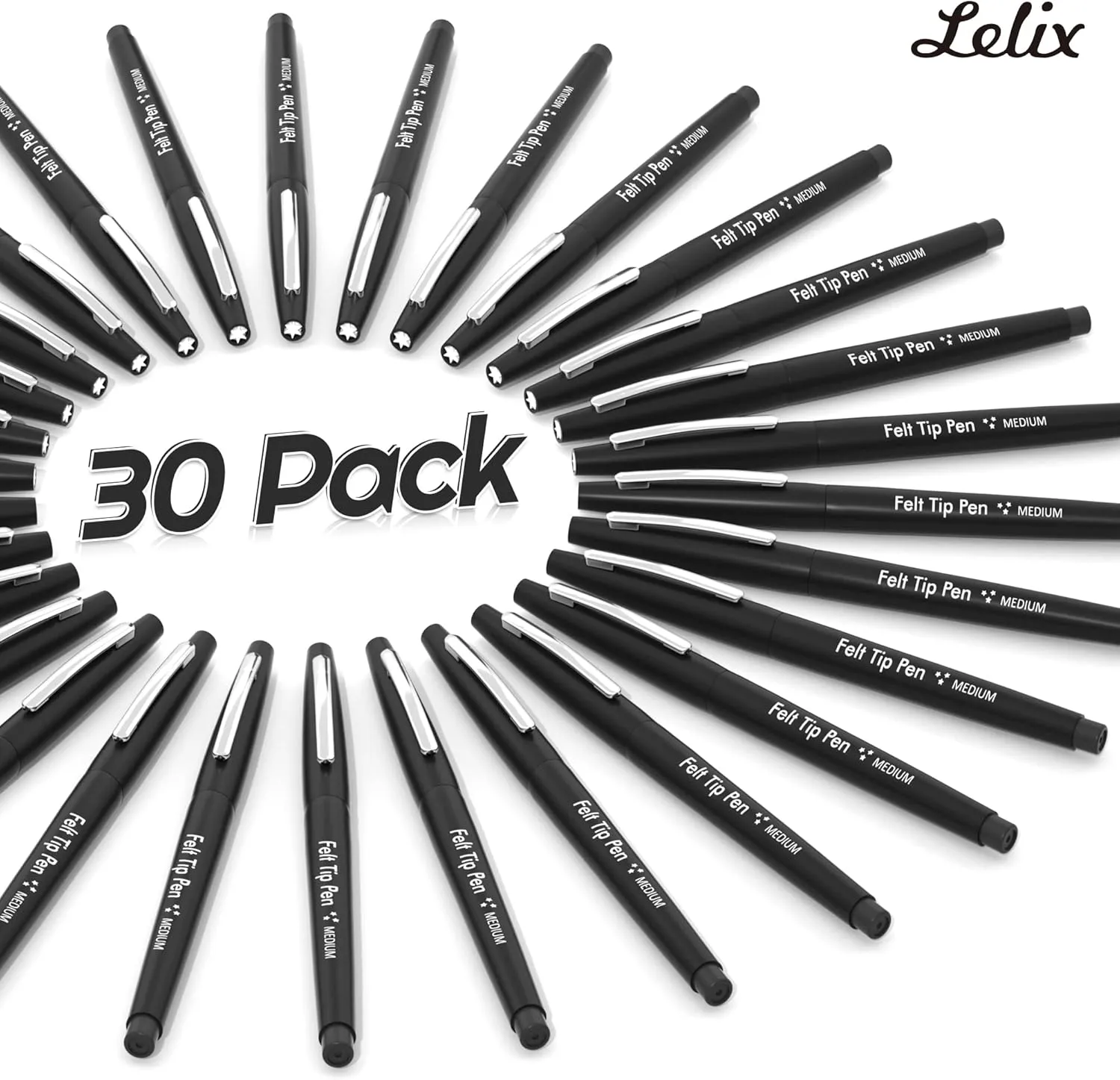 Lelix Felt Tip Pens, 30 Black Pack, 0.7mm Medium Point, Felt Tip Markers Pens for Journaling, Writing, Note Taking, Planner, Perfect for School Office and Art Supplies
