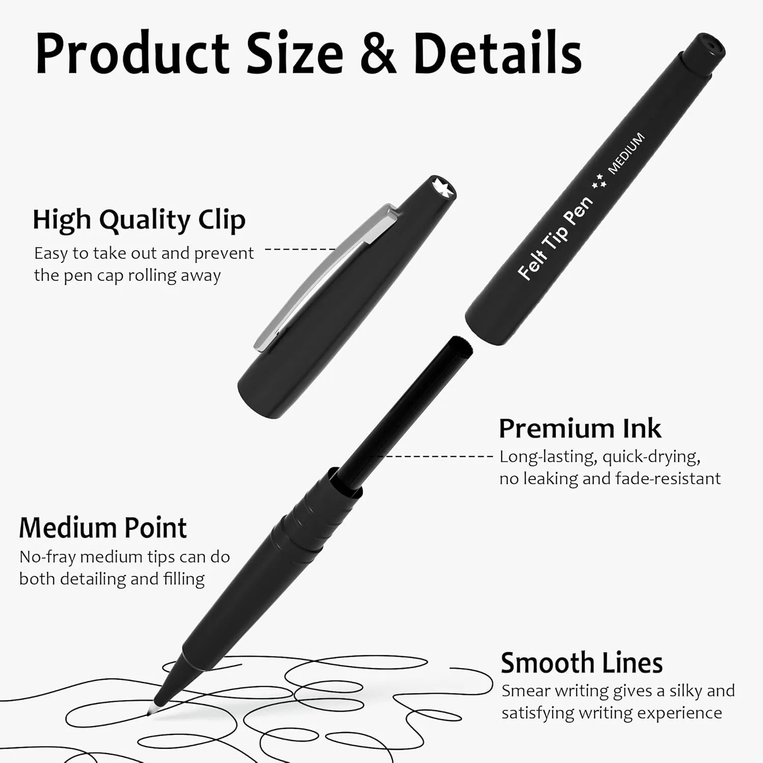 Lelix Felt Tip Pens, 30 Black Pack, 0.7mm Medium Point, Felt Tip Markers Pens for Journaling, Writing, Note Taking, Planner, Perfect for School Office and Art Supplies