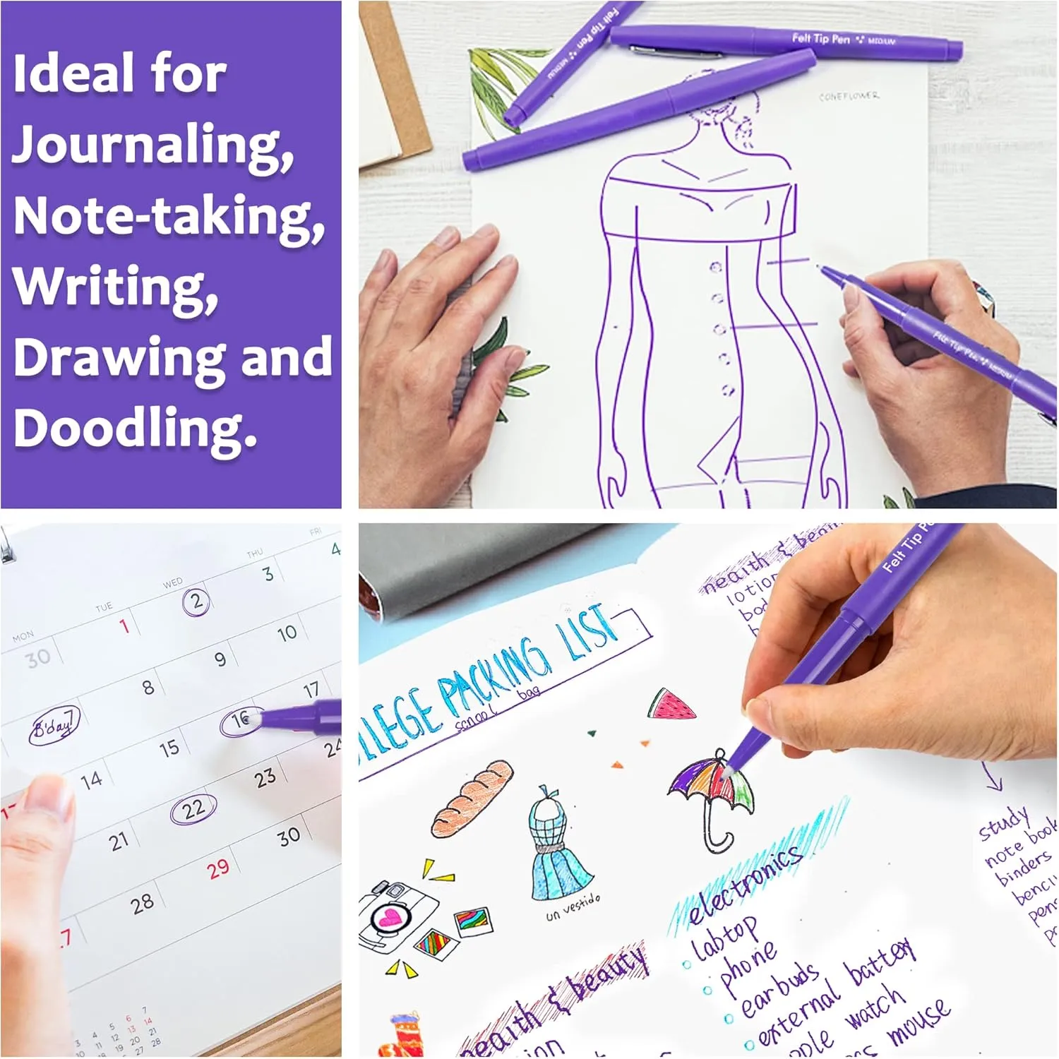 Lelix Felt Tip Pens, 40 Purple Pens, 0.7mm Medium Point Felt Pens, Felt Tip Markers Pens for Journaling, Writing, Note Taking, Planner, Perfect for Art Office and School Supplies