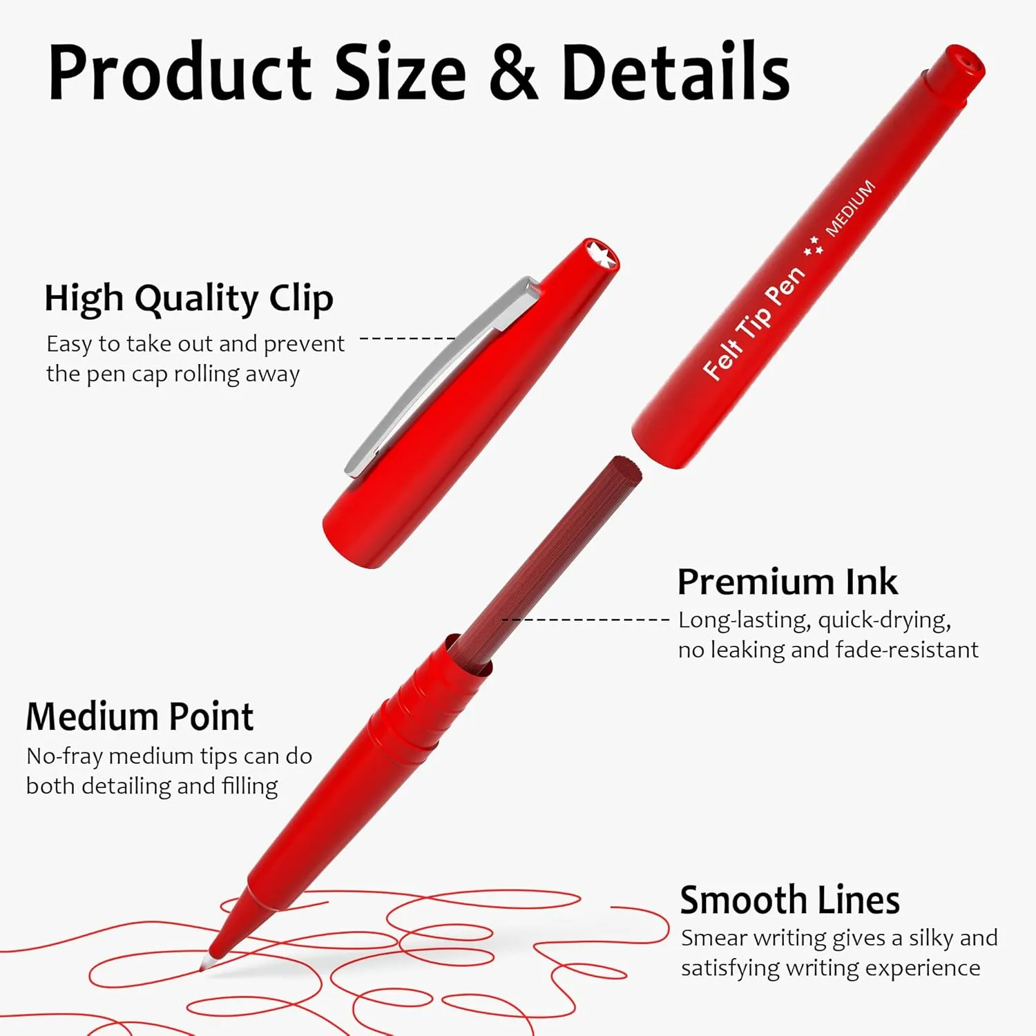 Lelix Felt Tip Pens, 60 Red Pack, 0.7mm Medium Point, Felt Tip Markers Pens for Journaling, Writing, Note Taking, Planner, Perfect for School Office and Art Supplies