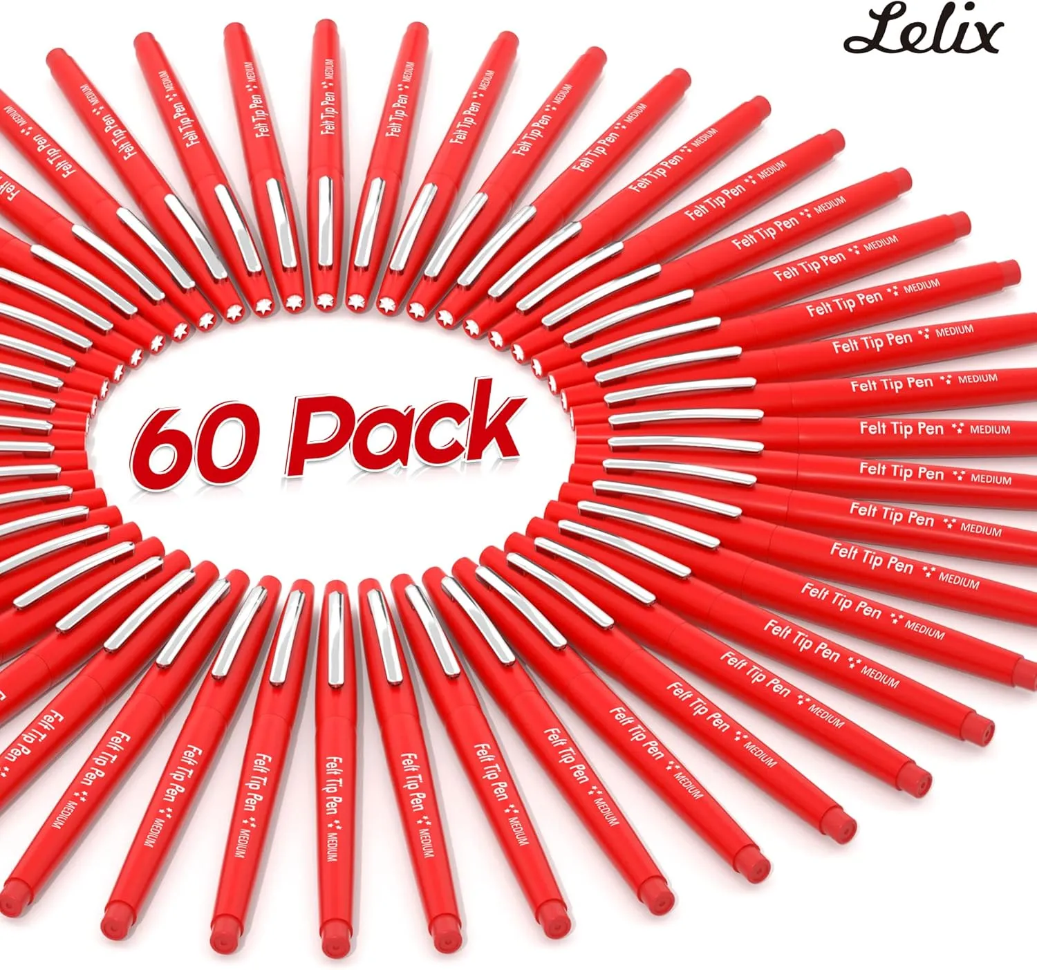 Lelix Felt Tip Pens, 60 Red Pack, 0.7mm Medium Point, Felt Tip Markers Pens for Journaling, Writing, Note Taking, Planner, Perfect for School Office and Art Supplies