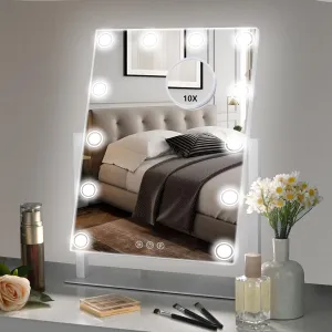 Lighted Makeup Mirror, 17"x 14" Hollywood Vanity Mirror with 12 LED Bulbs, 3 Color Lights, and Detachable 10X Magnification Mirror, 1000mAh Rechargeable, Touch Control, 360°Rotation (White)