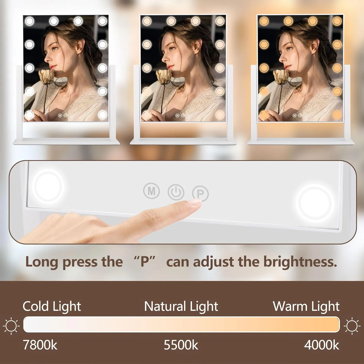Lighted Makeup Mirror, 17"x 14" Hollywood Vanity Mirror with 12 LED Bulbs, 3 Color Lights, and Detachable 10X Magnification Mirror, 1000mAh Rechargeable, Touch Control, 360°Rotation (White)
