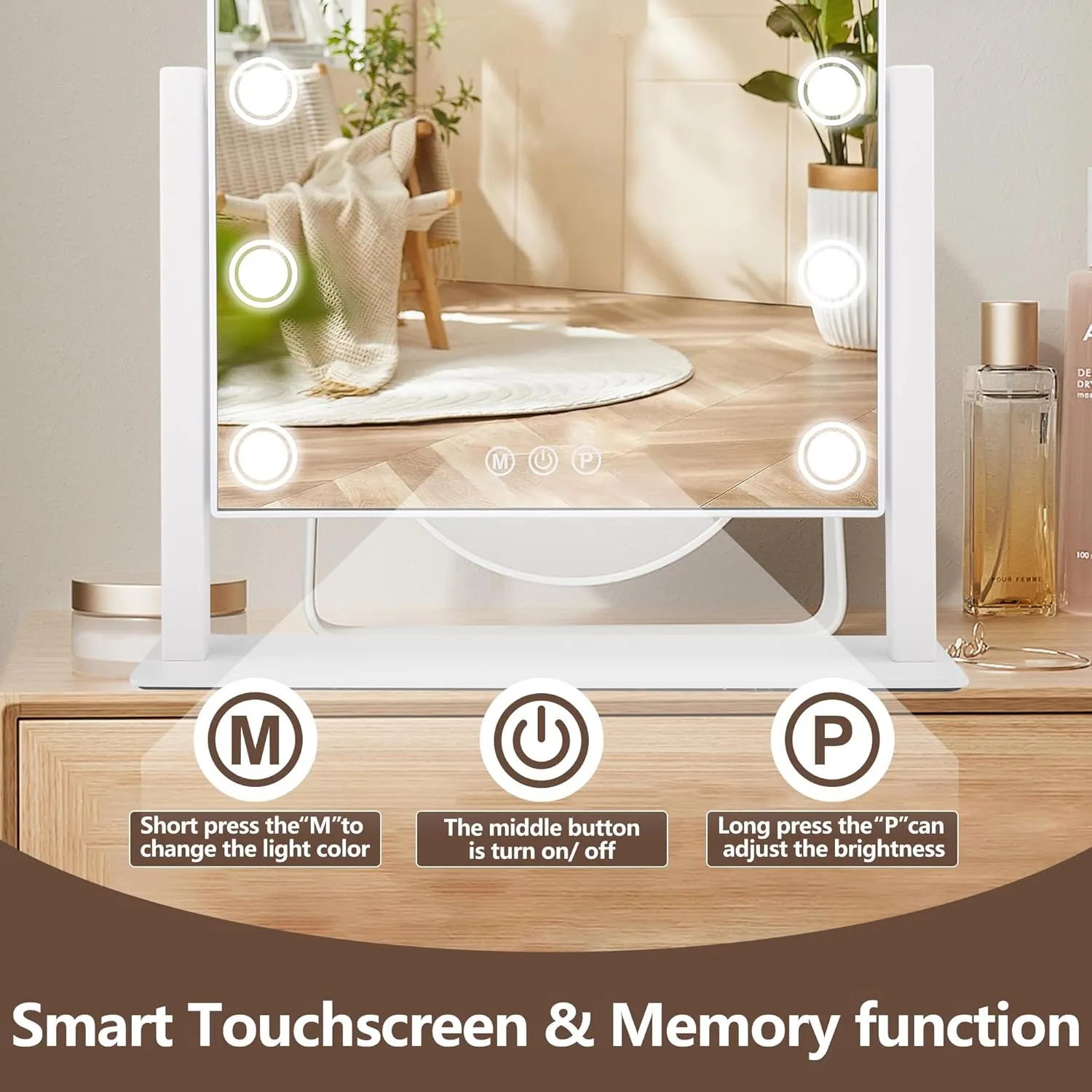 Lighted Makeup Mirror, 17"x 14" Hollywood Vanity Mirror with 12 LED Bulbs, 3 Color Lights, and Detachable 10X Magnification Mirror, 1000mAh Rechargeable, Touch Control, 360°Rotation (White)