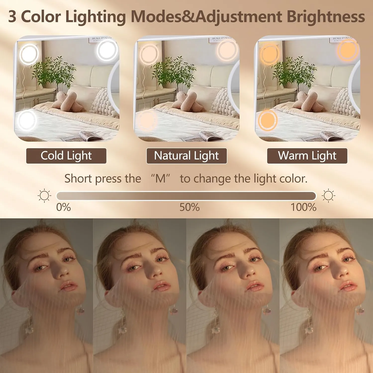 Lighted Makeup Mirror, 17"x 14" Hollywood Vanity Mirror with 12 LED Bulbs, 3 Color Lights, and Detachable 10X Magnification Mirror, 1000mAh Rechargeable, Touch Control, 360°Rotation (White)