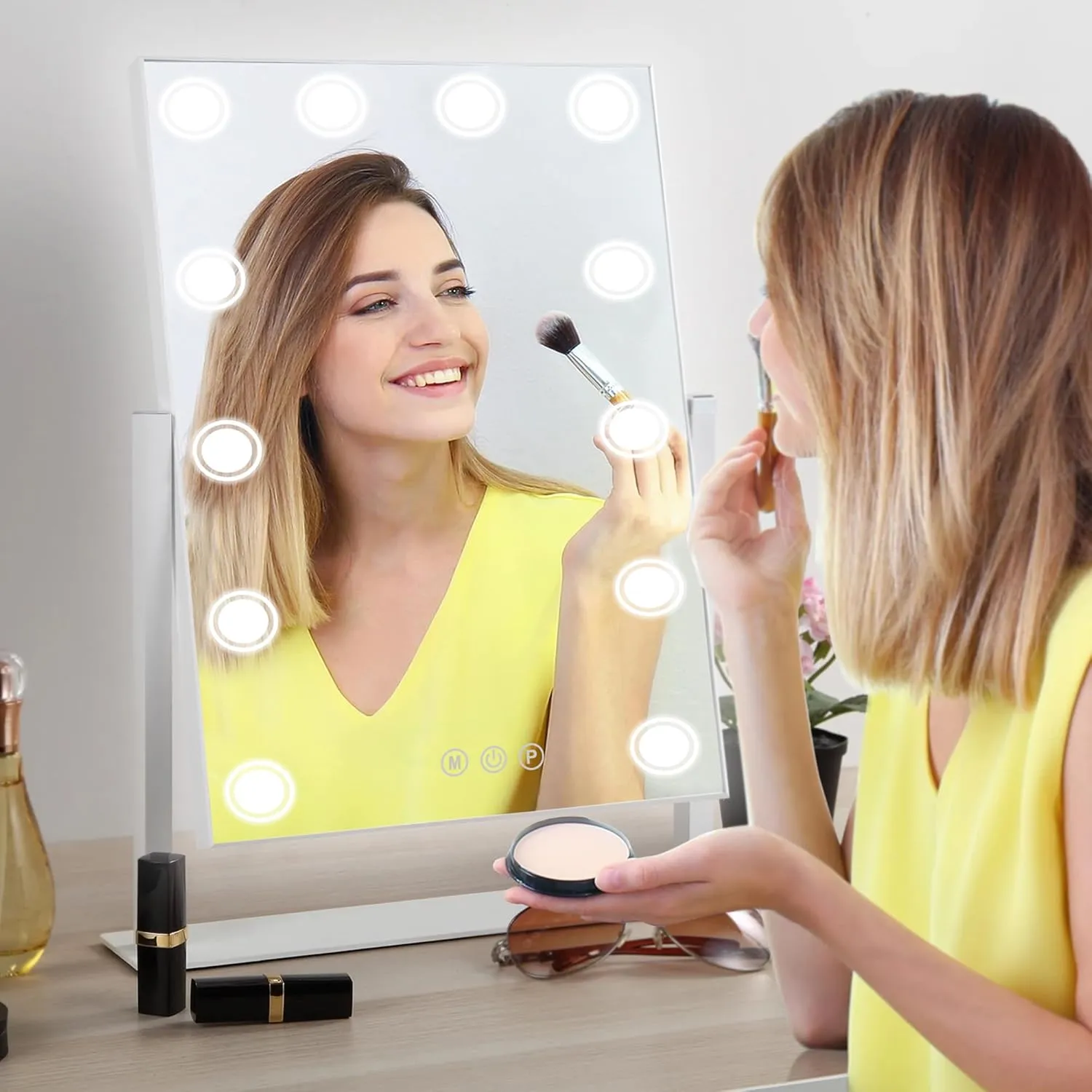 Lighted Makeup Mirror, 17"x 14" Hollywood Vanity Mirror with 12 LED Bulbs, 3 Color Lights, and Detachable 10X Magnification Mirror, 1000mAh Rechargeable, Touch Control, 360°Rotation (White)