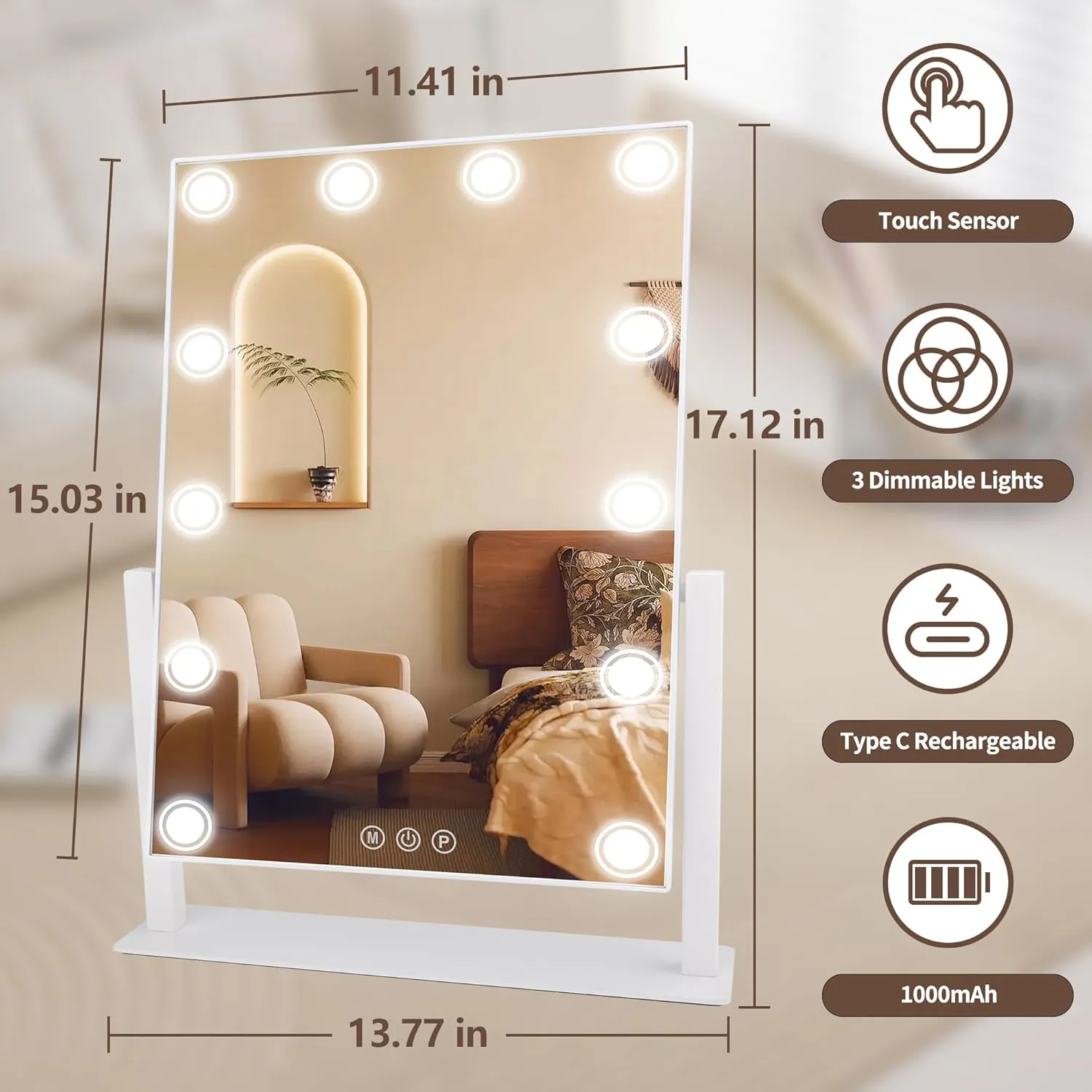 Lighted Makeup Mirror, 17"x 14" Hollywood Vanity Mirror with 12 LED Bulbs, 3 Color Lights, and Detachable 10X Magnification Mirror, 1000mAh Rechargeable, Touch Control, 360°Rotation (White)