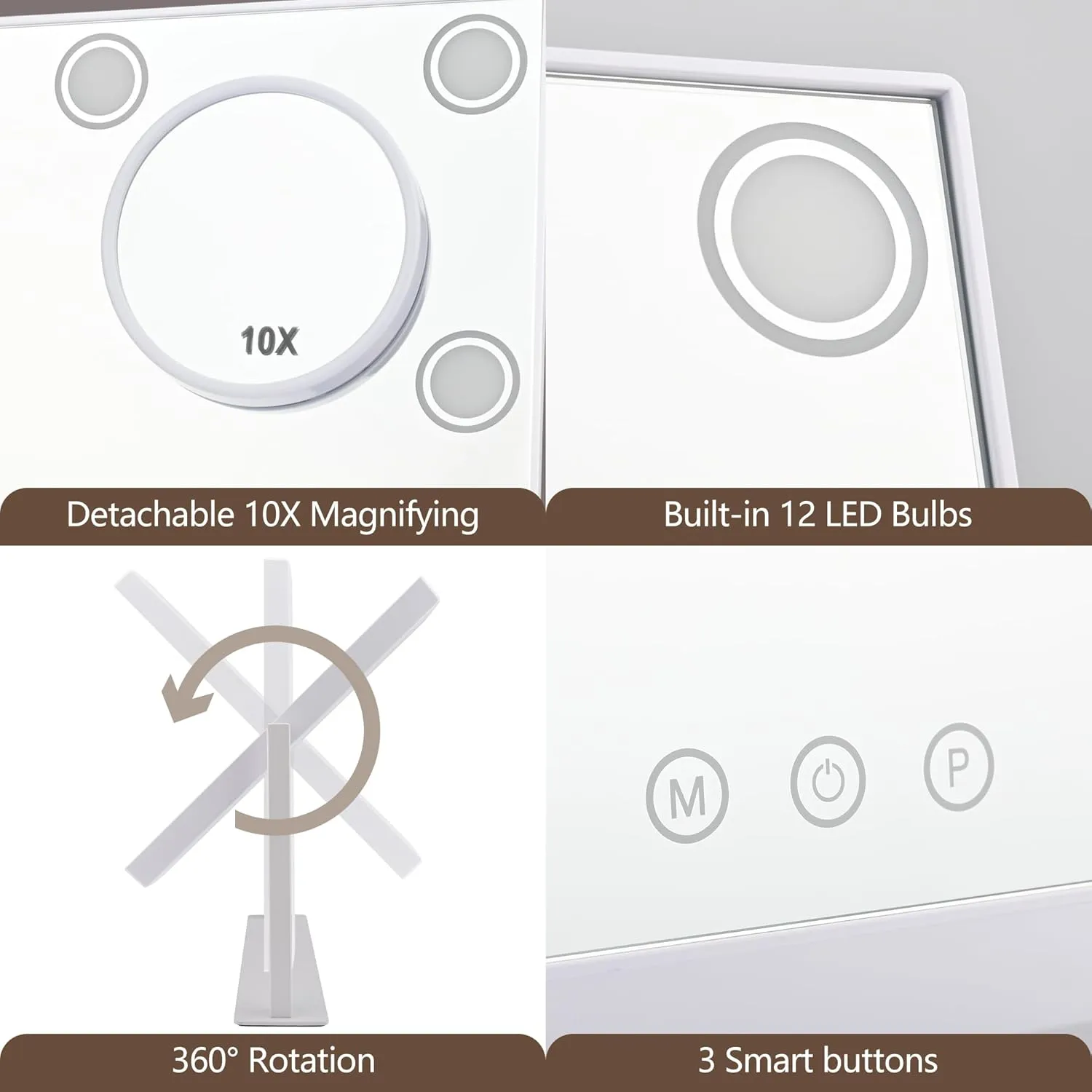 Lighted Makeup Mirror, 17"x 14" Hollywood Vanity Mirror with 12 LED Bulbs, 3 Color Lights, and Detachable 10X Magnification Mirror, 1000mAh Rechargeable, Touch Control, 360°Rotation (White)