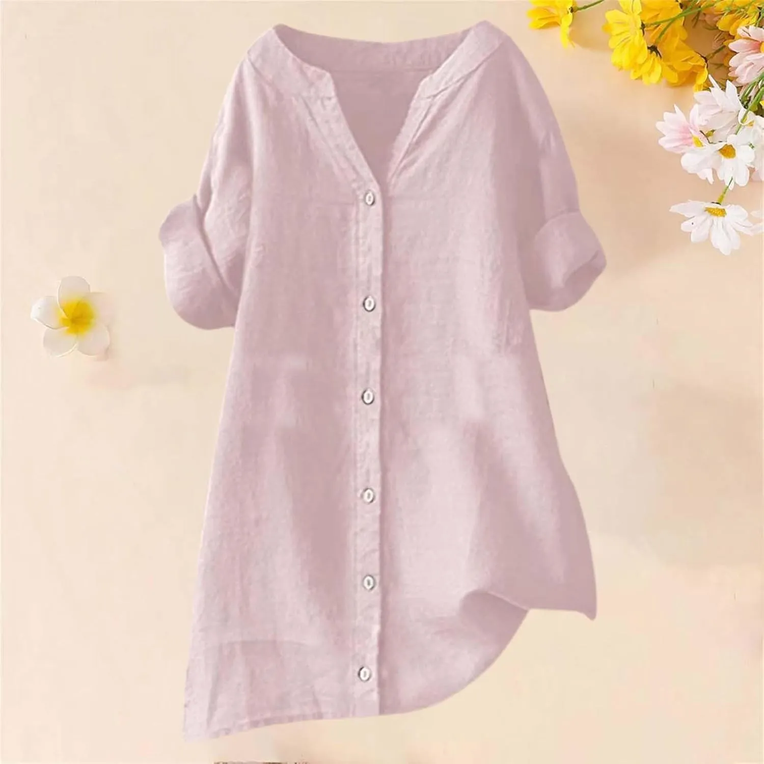 Linen Shirts for Women 2025 Button Down Shirt 3/4 Sleeve Tops V Neck Loose Fit Blouses Casual Summer Tunic Top
