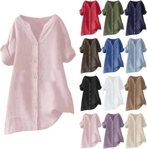 Linen Shirts for Women 2025 Button Down Shirt 3/4 Sleeve Tops V Neck Loose Fit Blouses Casual Summer Tunic Top