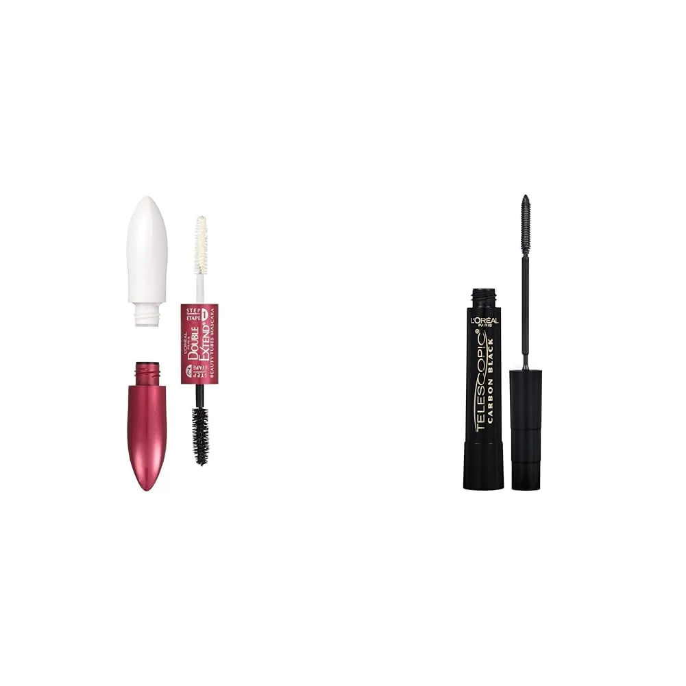 L'Oréal Paris Makeup Double Extend Beauty Tubes Lengthening 2 Step Mascara, Blackest Black, 0.33 fl. oz. & Makeup Telescopic Original Lengthening Mascara, Carbon Black, 0.27 Fl Oz (Pack of 1)