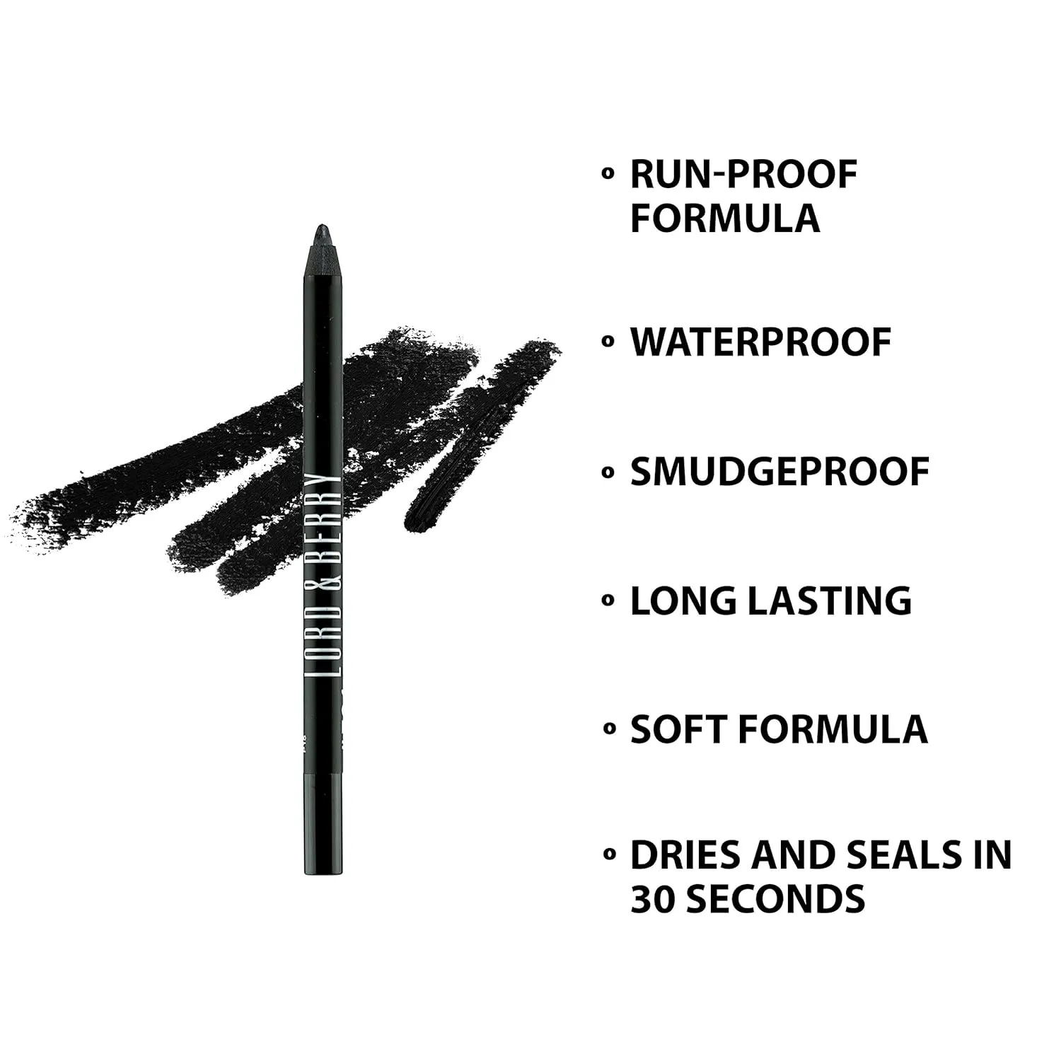 Lord & Berry SMUDGEPROOF Eye Liner - Soft & Creamy VEGAN Formula, Long Lasting Morning to Night Waterproof Eyeliner Pencil, Easy to Use Eye Makeup
