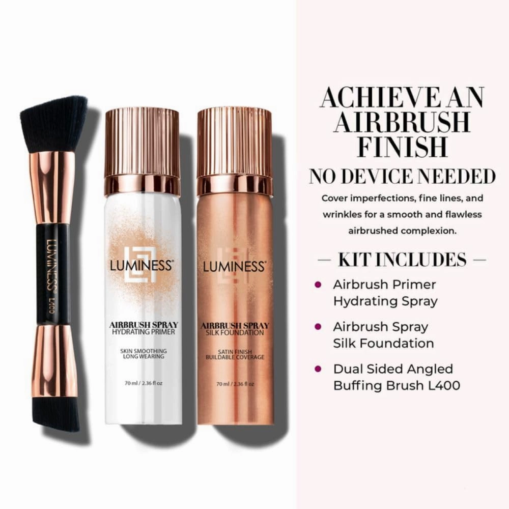 LUMINESS Complete Makeup Kit - Includes Face Palette, Airbrush Foundation, Primer and Brush - Silky, Long-Wearing, Easy to Blend, Perfect Makeup for Older Women, 4-PC Make Up Set (07 - Warm)