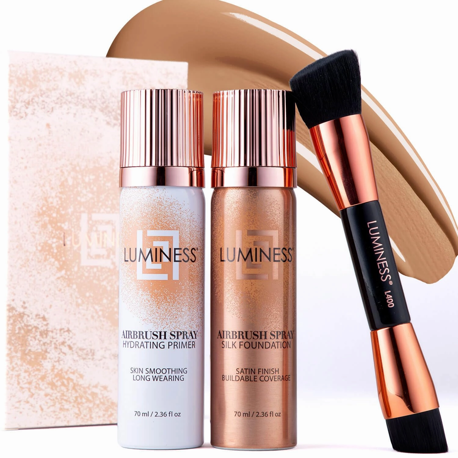 LUMINESS Complete Makeup Kit - Includes Face Palette, Airbrush Foundation, Primer and Brush - Silky, Long-Wearing, Easy to Blend, Perfect Makeup for Older Women, 4-PC Make Up Set (07 - Warm)