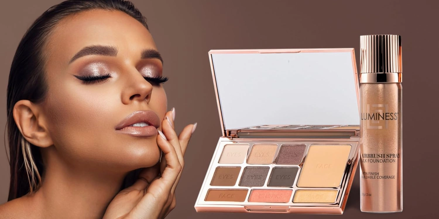 LUMINESS Complete Makeup Kit - Includes Face Palette, Airbrush Foundation, Primer and Brush - Silky, Long-Wearing, Easy to Blend, Perfect Makeup for Older Women, 4-PC Make Up Set (07 - Warm)