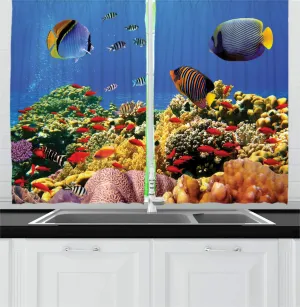 Lunarable Ocean Kitchen Curtains, Submerged Colorful Old Coral Colony Fishes at Tranquil Shallow Red Sea Image Print, Window Drapes 2 Panel Set for Kitchen Cafe Decor, 55" X 39", Multicolor